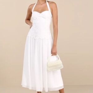 Lulus Alysanne White Embroidered Drop Waist Halter Midi Dress - Size M